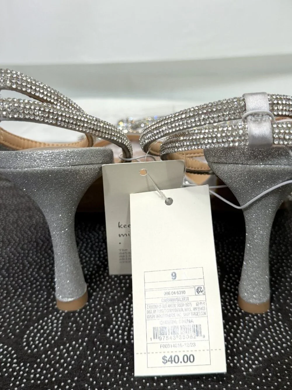 A New Day Carmin Pointed‎ Silver Rhinestone Bow Ankle Strap Shoes Woman's size 9